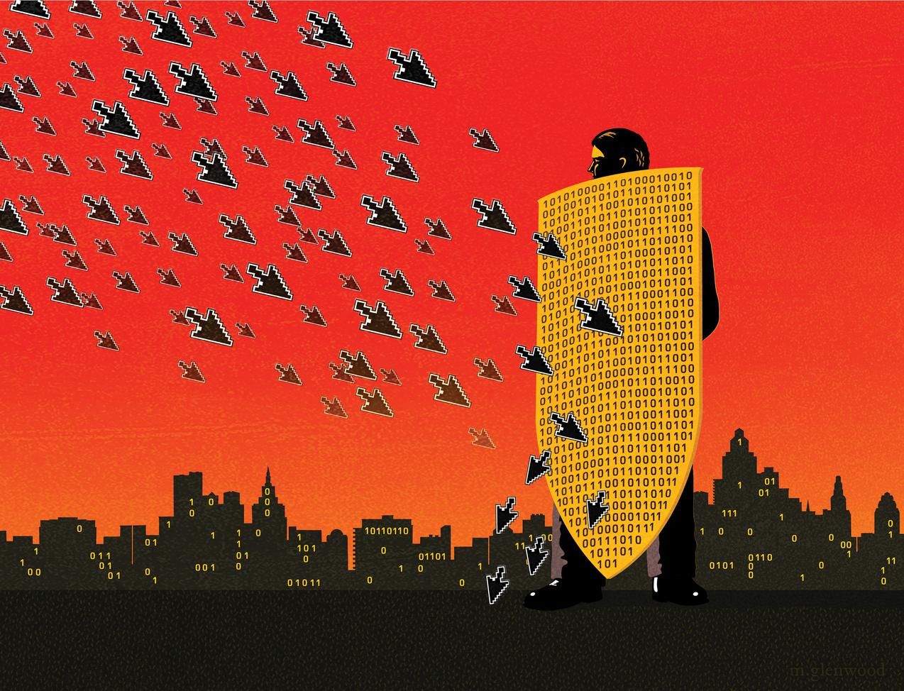 B3-EM069_WEBCYB_16H_20190711162844 Individual holding a shield defending against cyber attackers